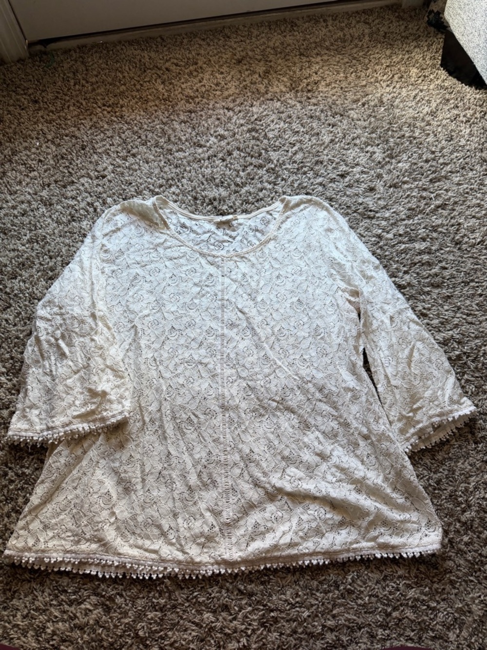 Style & Co. Cream Lace Blouse with Pom-Trim
